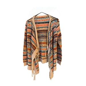 Western Aztec Print Cardigan in Orange and Tan W/ Fringe